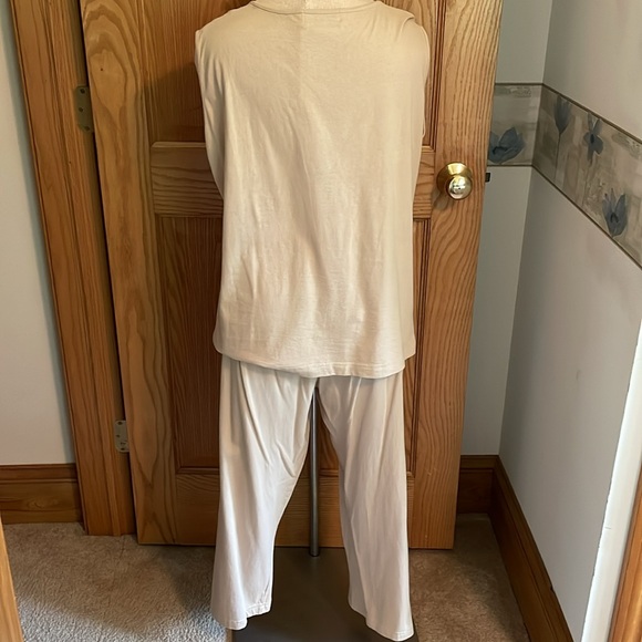 Michelle-Louise beige sleeveless v-neck top and elastic waisted capris bottom - Picture 2 of 5